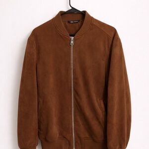 Zara Men's Suede Bomber Jacket in Cognac Brown